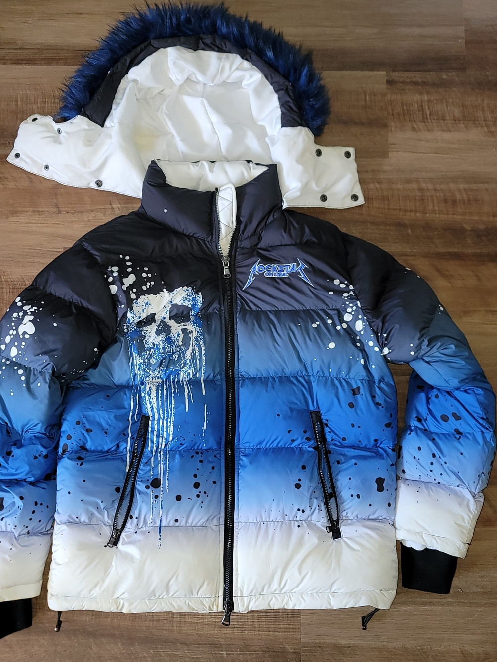 Rockstar Original Curry Royal Blue Ombre Skull Puffer Jacket